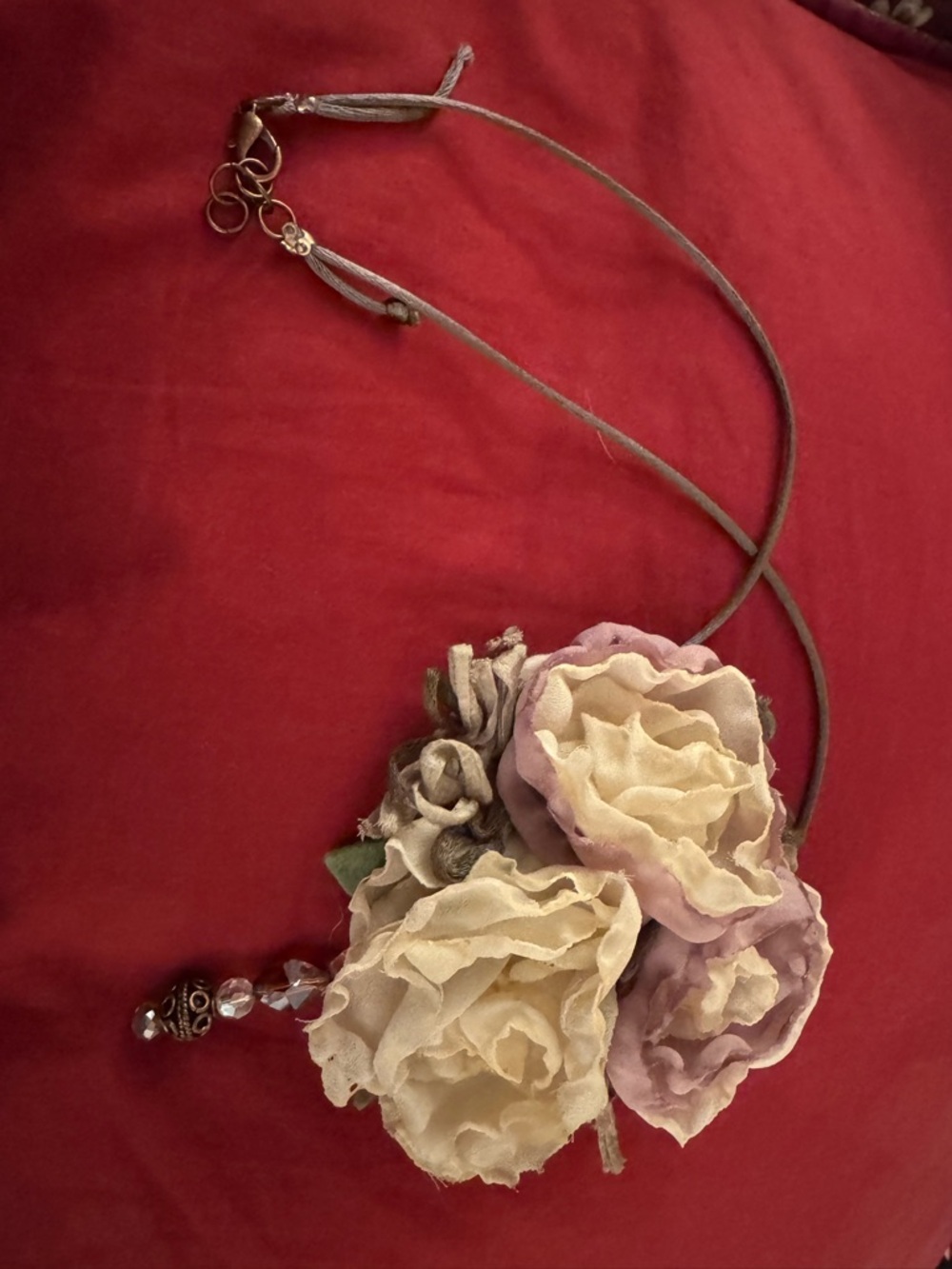 Handmade Floral Necklace with Cream and Light Pink Fabric Roses - Picture 2 of 3
